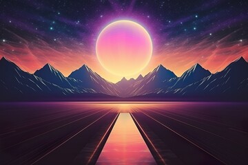 Landscape with mountains, Trendy neon synth wave background with sunset sky, road and mountains, retro abstract background. Retro wave scene | Generative AI
