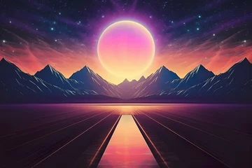 Abwaschbare Fototapete Landscape with mountains, Trendy neon synth wave background with sunset sky, road and mountains, retro abstract background. Retro wave scene   Generative AI © Kay