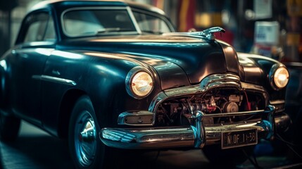 Classic Car Headlight: Vintage Red Retro Automobile with Shiny Chrome Bumper and White Isolated Wheel - Luxurious Oldtimer Transport, generative AI