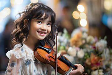 little girl having fun standing playing violin in art and space room - obrazy, fototapety, plakaty