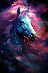 A galaxy Rainbow Colorful Horse posture in the middle of dark space, astral, space
