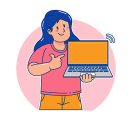 Cartoon woman holding a laptop