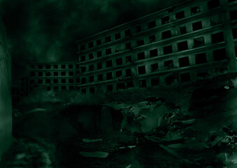 廃墟の街に立つ崩れたマンションの緑のイラスト