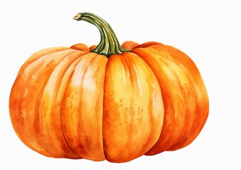 A lone pumpkin painted in watercolor on a white background