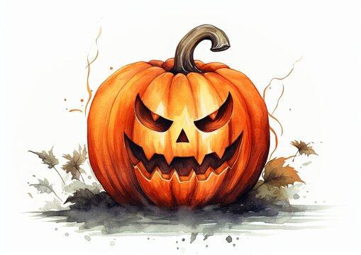 Jack-o-lantern on an isolated white background for halloween. Autumn leaves. Painted watercolor illustration