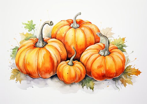 A set of four pumpkins painted in watercolor isolated on a white background with autumn leaves