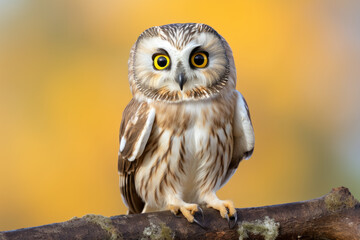 A Northern Saw-whet Owl perched on a branch, yellow background, portrait, cute, yellow eyes and a small, sharp beak