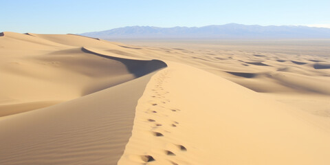 Fototapeta na wymiar A serene desert landscape. The foreground is dominated by light brown sand dunes, footprints