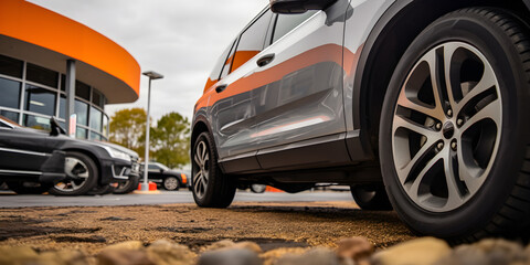 car parking on the road. Ground view angle. Used car dealership. - obrazy, fototapety, plakaty