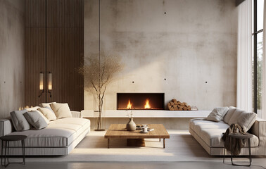 modern concrete living room with wall mounted fireplace