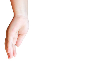 Child's hand holding something isolated on white background with clipping path. Closeup of arm with one side view
