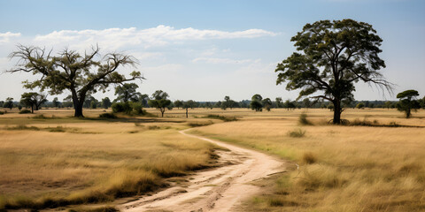Fototapeta na wymiar Path in a savanna. Ground view angle.