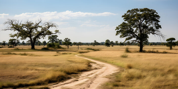 Path in a savanna. Ground view angle.