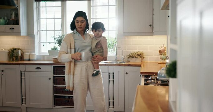 Coffee, kitchen and mother with baby in the morning for breakfast in a home as single parent with care for child. House, woman or mom bonding with kid or newborn together for support and family