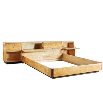 recommend clip art: Luxurious olive ash burled wood platform bed frame. Vintage 1980s light wood furniture.