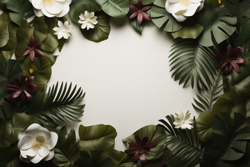 Palm leaves and white flovers as a border with white copy space at  the center
