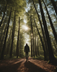 A man walks through a forest with trees and sky