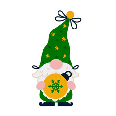 Funny bearded gnome with Christmas ball, vector icon. A gray-haired elf holds a festive toy with a snowflake print. Santa Claus helper in a stocking cap with a bow and a bell. Flat cartoon clipart