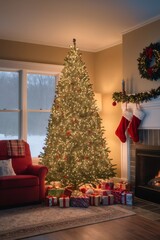 A christmas tree in a living room with presents on christmas morning during a snowstorm 