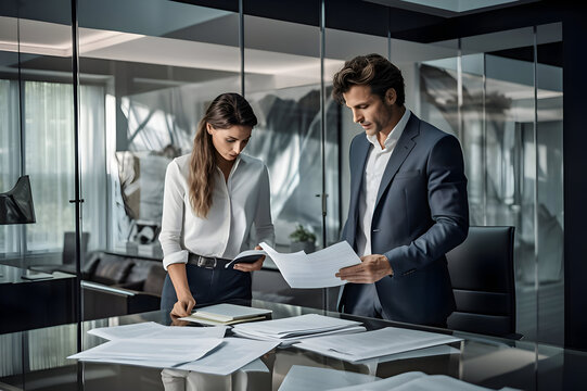 Married Couple Looking At Paperwork At The Office. Generated AI.