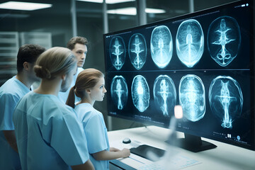 Medical Science Hospital Lab Meeting: Diverse Team of Neurologists, Neuroscientists, Neurosurgeon Consult TV Screen Showing MRI Scan with Brain Images, Talk About Treatment Method