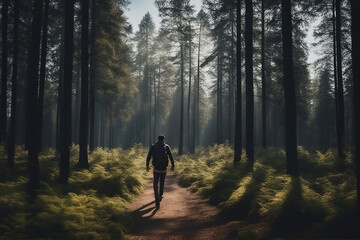 A man walks through a forest with trees and sky