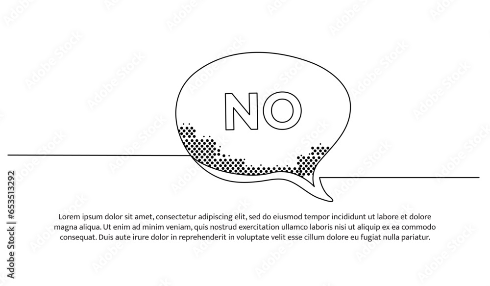 Poster One continuous line design of simple NO word speech bubble. Decorative elements drawn on a white background.