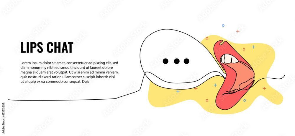 Poster vector illustration of mouth with speech bubble. modern flat in continuous line style.