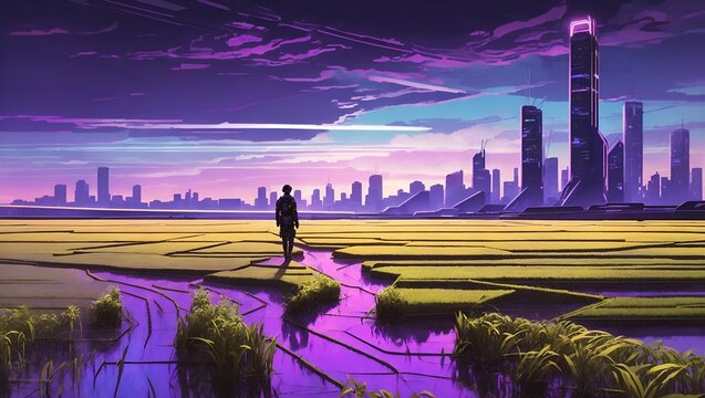Cyberpunk Rice Fields: Futuristic Agricultural Landscape with Neon Skyscrapers Generative AI