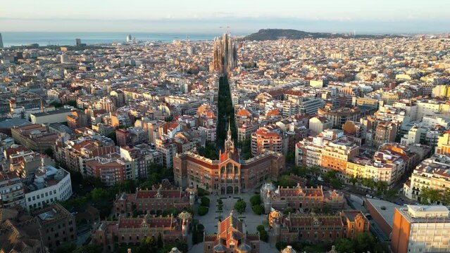 Aerial view of Barcelona city skyline and Hospital of the Holy Cross and Saint Paul (de la Santa Creu i Sant Pau). Catalonia, Spain