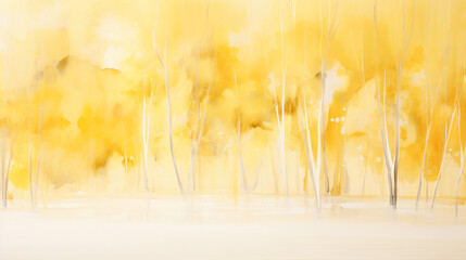 黄色く紅葉した白い幹の木が並んでいる水彩画 - obrazy, fototapety, plakaty