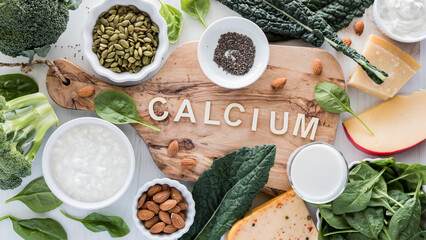An assortment of calcium rich foods surrounding a wooden board.