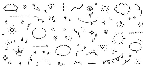 Sketch line cute element, star, heart shape. Hand drawn doodle sketch style heart, sun, star element set. Arrow, star glitter, heart text decoration symbol. Vector illustration