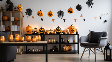 Halloween party in living room - decorations with lanterns and pumpkins , jack-o-lantern, modern. ai - obrazy, fototapety, plakaty