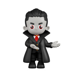 3d Cartoon Dracula Vampire Pointing To Something Pose. This asset is suitable for various design projects related to fantasy, magic, children's books, illustrations, and cartoons.