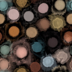 Watercolor seamless pattern, brown beige on black, wall art painting abstract art or print, hand drawn background or texture, paint round or circles splashes, wallpaper or gift wrapping paper	