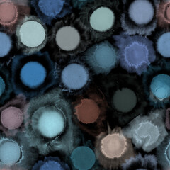 Watercolor seamless pattern, blue on black, wall art painting abstract art or print, hand drawn background or texture, paint round or circles splashes, decorative wallpaper or gift wrapping paper	
