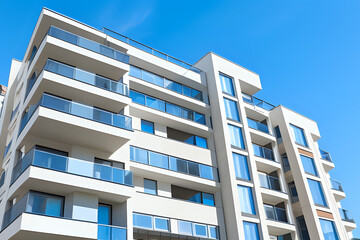 Fototapeta premium Modern luxury residential flat. Modern apartment building on a sunny day. Apartment building with a blue sky. Facade of a modern apartment building. Modern building
