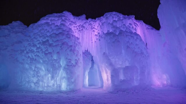 Winter snow storm outside ice castles and ice caves
