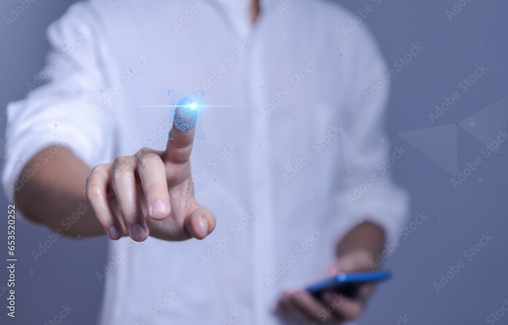 Poster print scan system personal identification technology, businessman scan fingerprint shows biometric f