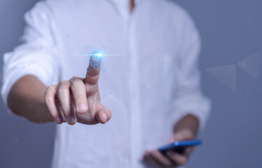 print scan system personal identification technology, businessman scan fingerprint shows biometric finger, access data privacy with id. cyber security concept, Verify your identity in sensor digital.