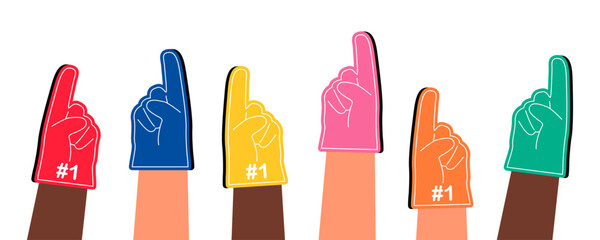 Hands of sports fans wearing foam fingers. Supporters cheering for team. Flat vector illustration isolated on white