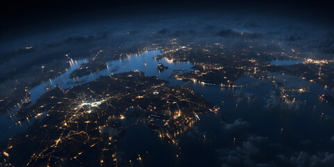 aerial view of the city at night - obrazy, fototapety, plakaty