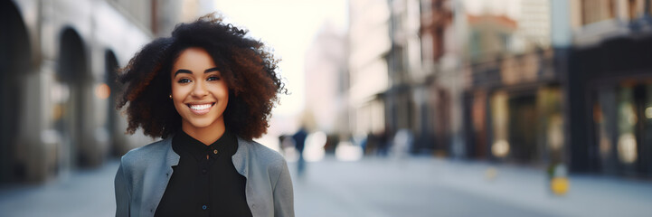 Young beautiful black woman smiling in a city panoramic banner, pretty student girl portrait, young businesswoman standing outdoor, copy space