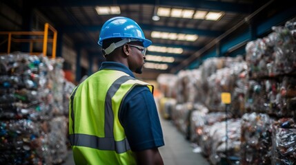 Engineer stands and looks back Plastic bottles in the recycling industry - obrazy, fototapety, plakaty
