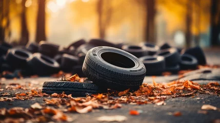 Foto op Plexiglas Photograph of a pile of old car tires lying on the ground. used car tires © sirisakboakaew