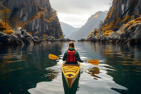 Painting of a young woman wearing a red life jacket paddling a yellow kayak in a fjord. It reflects the idea of finding oneself. It shows that travel and adventure can help us find the meaning of life