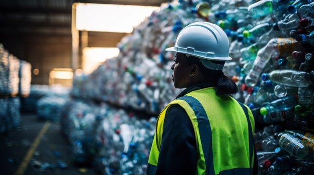 Engineer stands and looks back Plastic bottles in the recycling industry