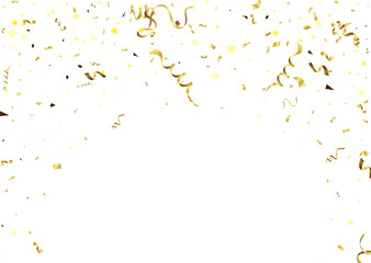 Golden Tiny Confetti And Streamer Ribbon Falling On Transparent Background.  Falling Golden Tiny Confetti