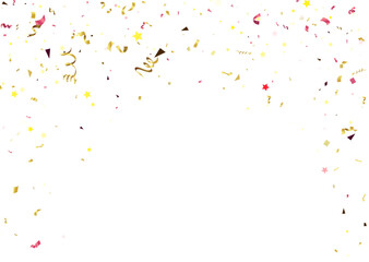 Golden Tiny Confetti And Streamer Ribbon Falling On Transparent Background.  Falling Golden Tiny Confetti